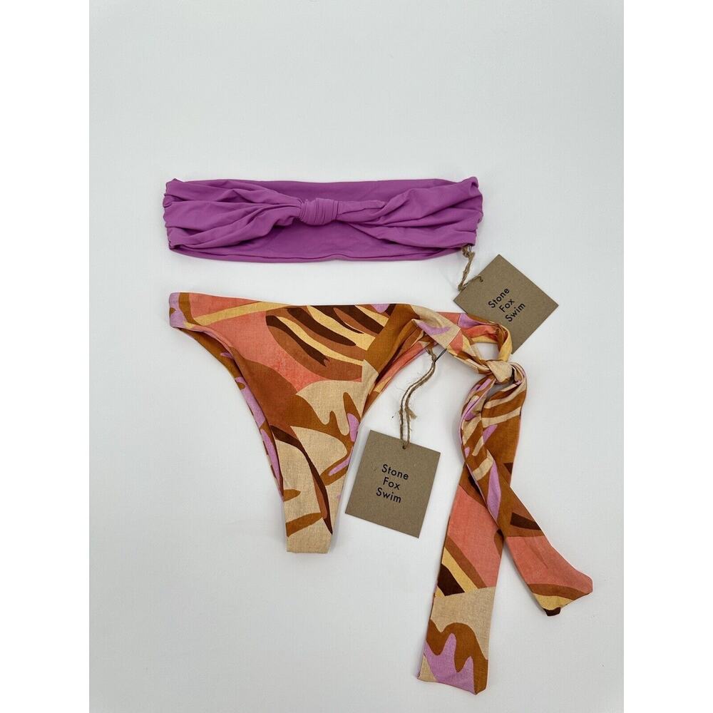 Stone Fox Swim Tropical Print Cheeky Bikini Bottoms & Bandeau Top Size Small NWT